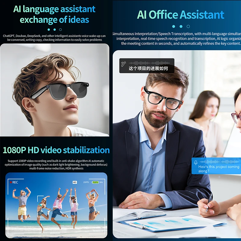 Nuovi Occhiali Smart 2026: Assistente AI per Ufficio, Traduzione, Musica Wireless, Chiamate, Fotocamera HD 800W, Registrazione Foto e Video - immagine 5