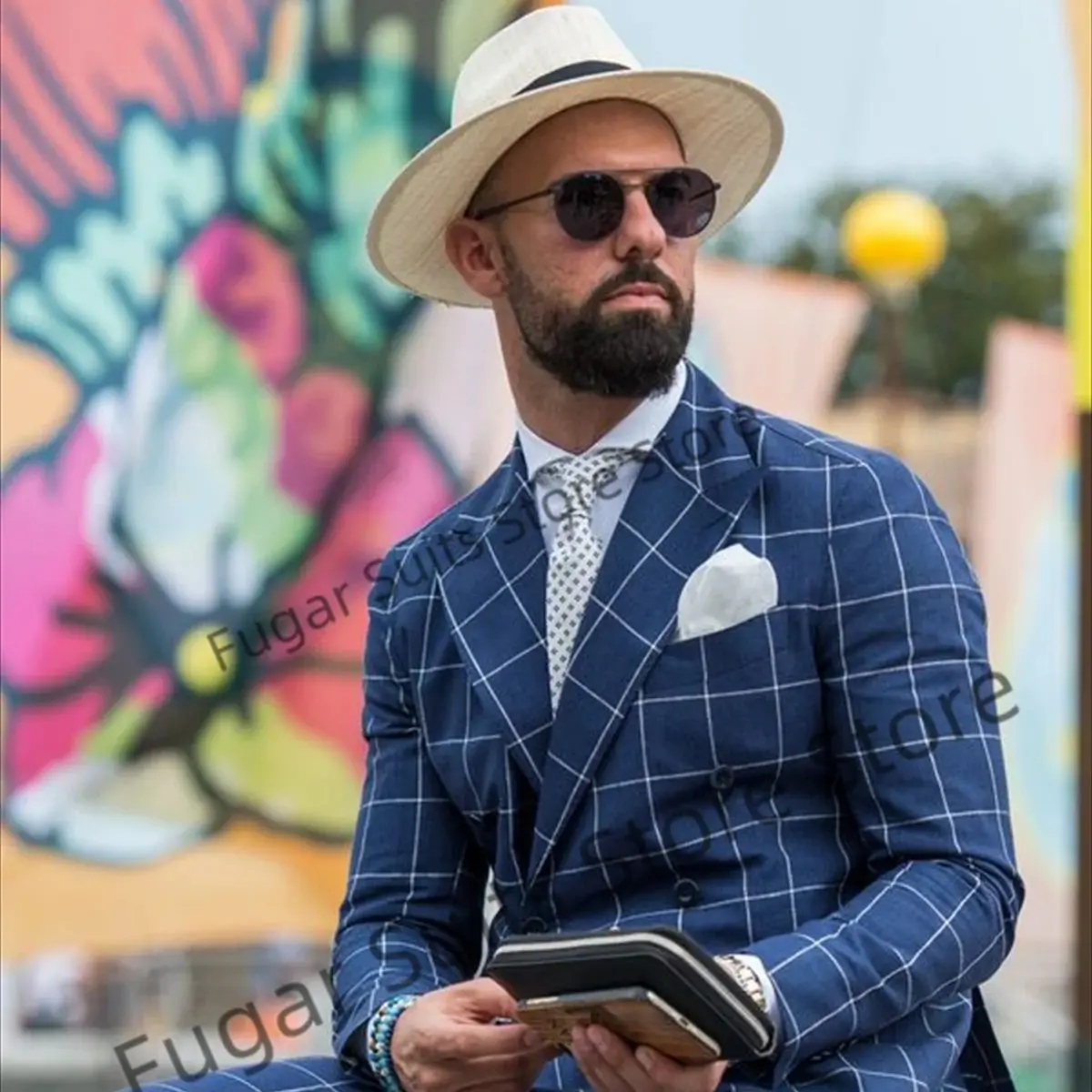 Casual Blue Plaid Men Suits Double Breasted Business Blazer Slim Fit Wedding Groom Tuxedo 2 Piece Set Jacket Pant Costume Homme