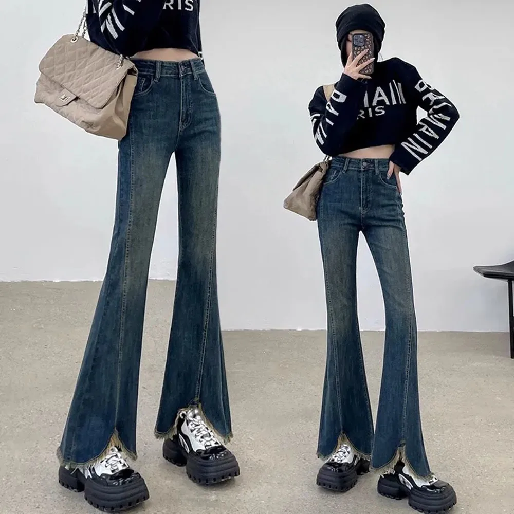 

American Flared Jeans For Women's Autumn 2023 New High Waist Stretch Denim Trousers Female Fashion Slim Split Burrs Pants Ladies