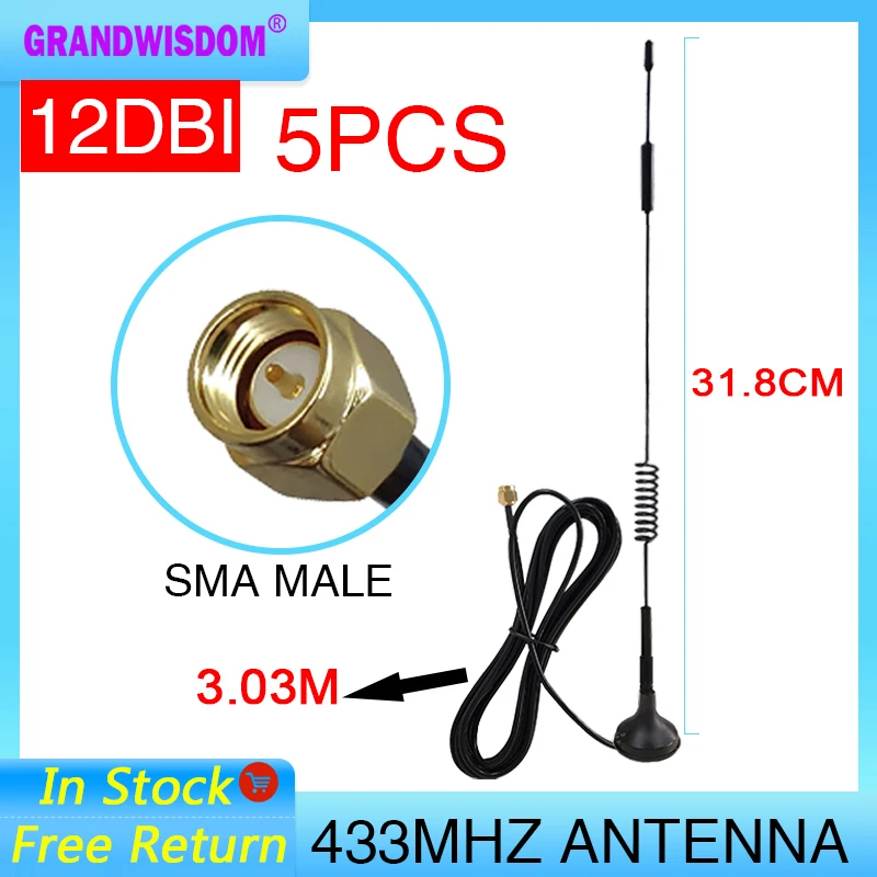 5Pcs 12Dbi 433 Mhz Antenna Lora 433 Mhz Antena Sma Maschio Base Magnetica Ham Radio Signal Booster Ripetitore Wireless Con Cavo 3 M