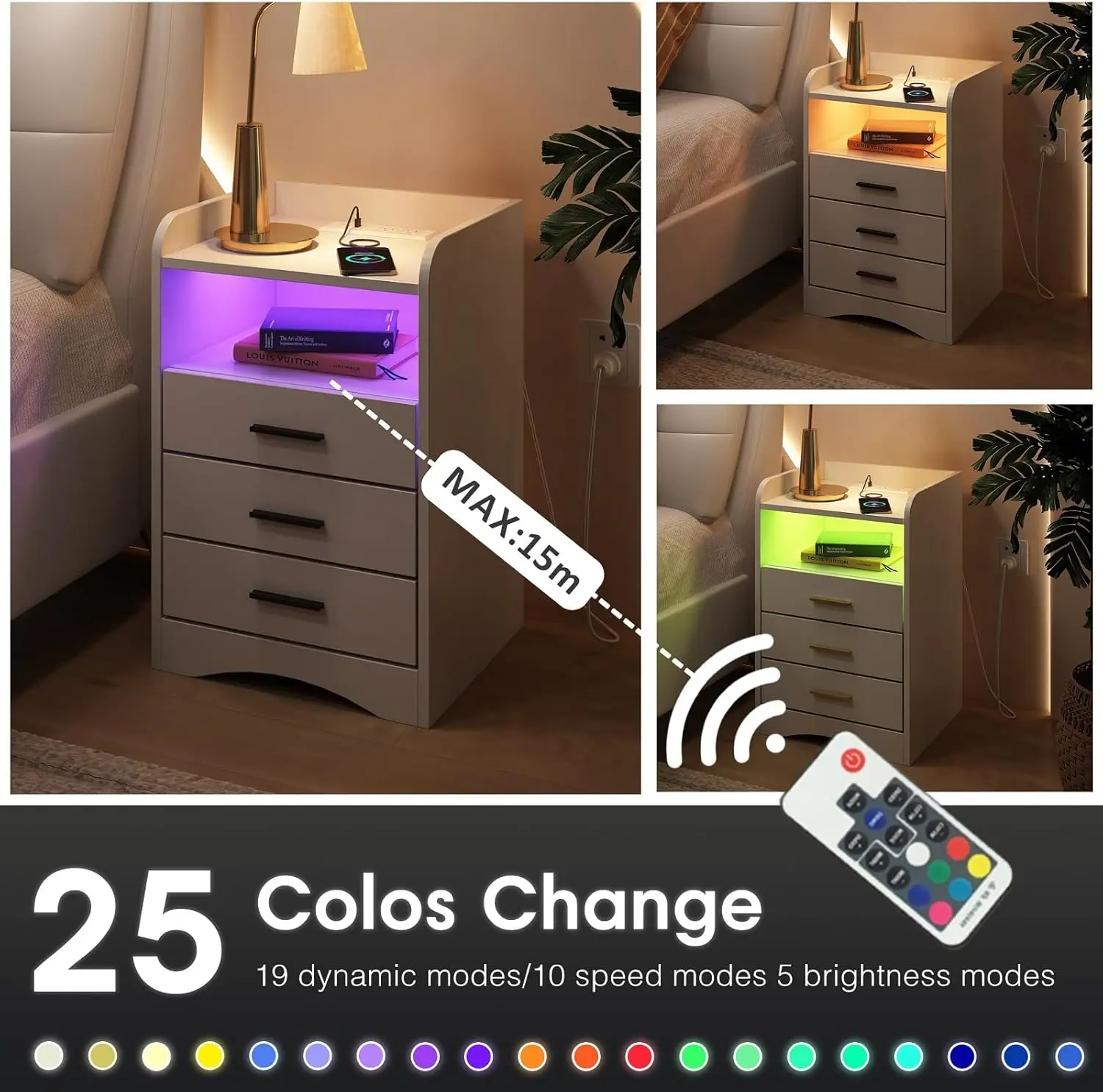 -Functional White Nightstand Set of 2 with Charging Station and LED Lighting, 3 Drawers and 2 Open Shelves, Suitable for Be