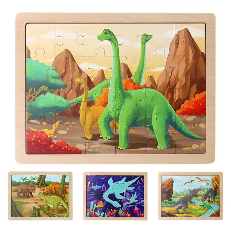 24pcs Wood Puzzle Montessori Dinosaur Jigsaw Puzzles Learning Educational  Cartoon Animal Puzzles Dinosaur Toys  For Boys Girls