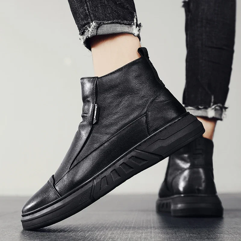 Leather Boots Man Full Black Men's Snow Boot Casual Ankle Mans Shoes Easy To Clean Trendy All-match Lightweight Mans Winter Shoe Outdoor Boots Men Leather Boots