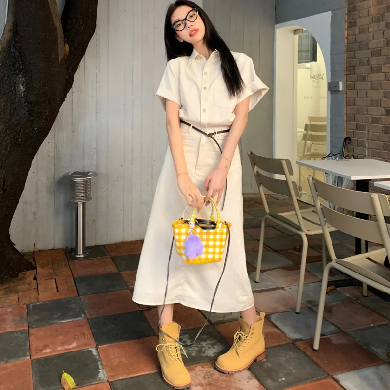 Women's Polo-Neck Short Sleeve Shirt  High Waist DressTwo Piece Set Casual Harajuku Streetwear Fashion Suits 2023 New skirts