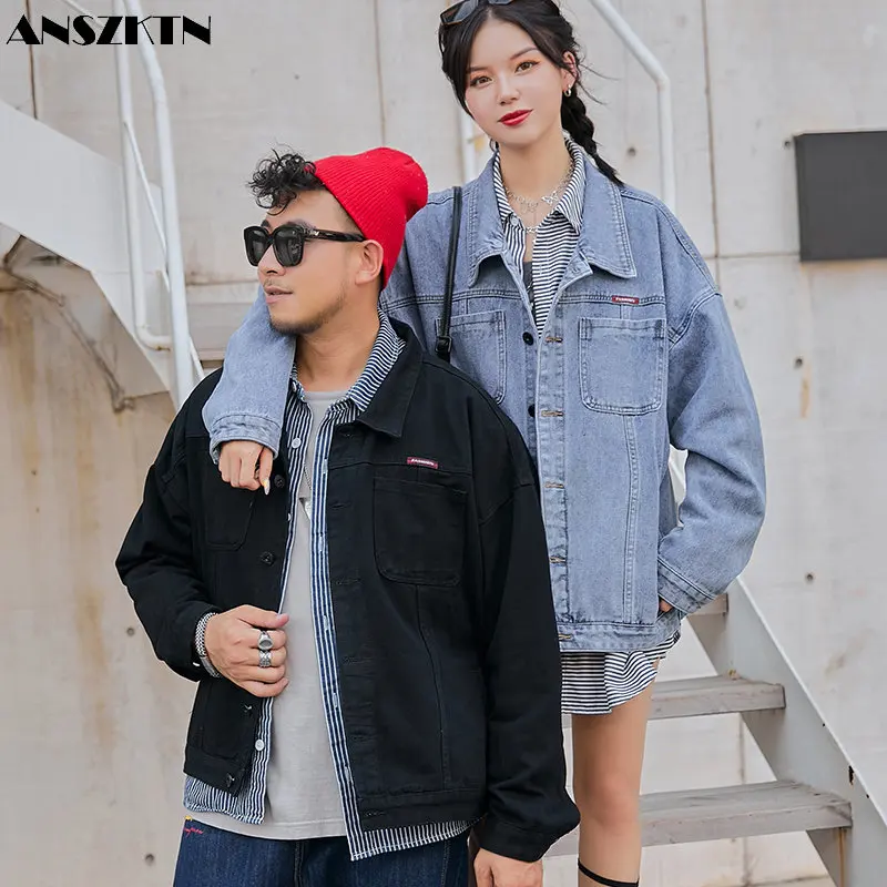

ANSZKTN Plus-size couple denim jackets for men and women trendy long-sleeved tops loose bat sleeves tops for youth versatile jac