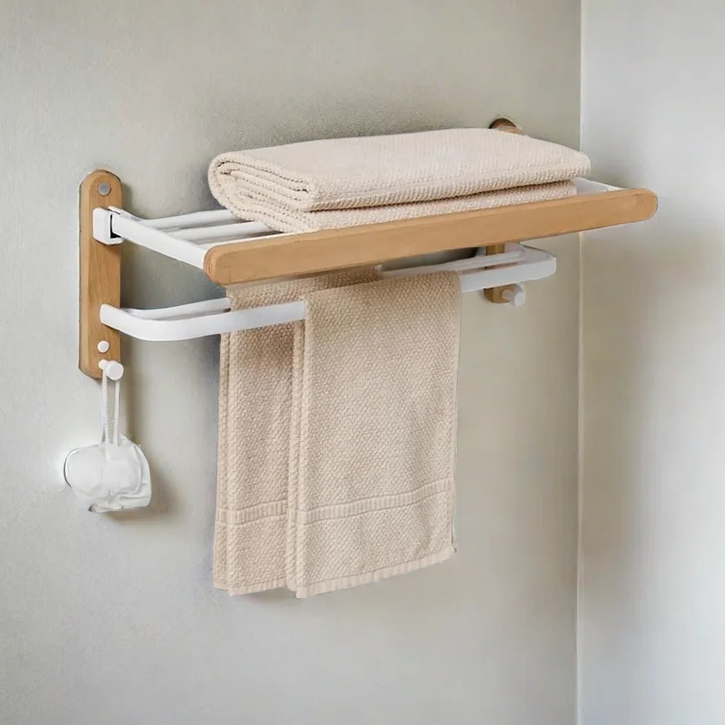 Wood Bath Towel Holder Walnut Towel Rack No Punch Bathroom Shelf Toilet Bathroom Wall Mounted Washroom Storage Bath Towel Holder