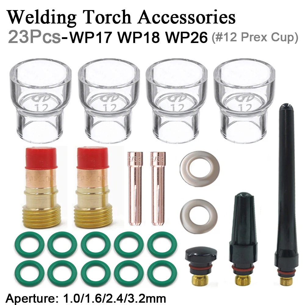 TIG Welding Kit WP17 WP18 WP26 Accessories Tig Welding Stubby Gas Lens #12 Pyrex Glass Cup Spares Torch 23Pcs