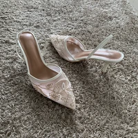 Mesh Embroidered Thin High Heels Sandals Women 2025 Summer Sexy Slingback Pointed Toe Pumps Dress Shoes Woman Sandalias De Mujer - Image 3