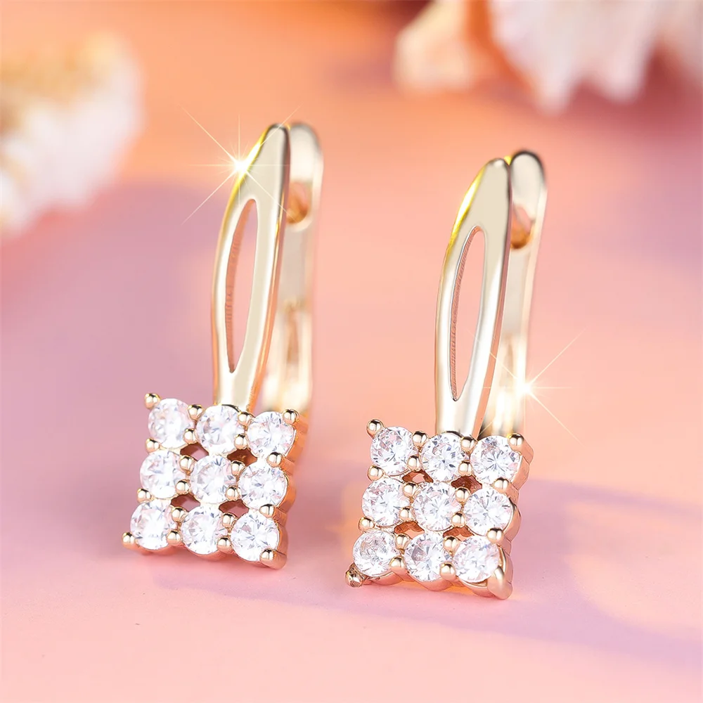 White Zircon Small Round Stone Square Hoop Earrings For Women Vintage Gold Color Fashion Ear Buckle Wedding Jewelry Party Gifts