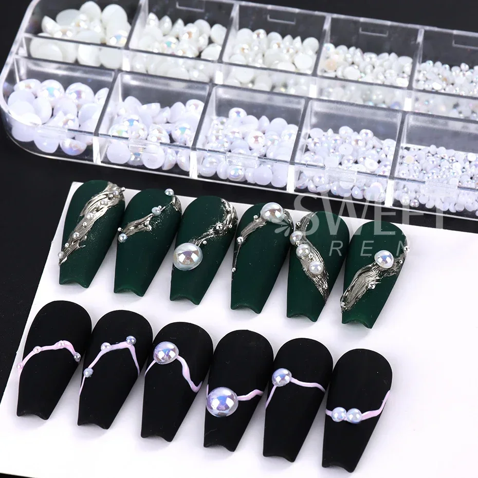 12 Grids Aurora Pearl Nails Art Decoration White Flatback Round Beads Jewelry Summer DIY Charm Elegant Wedding Accessories Parts