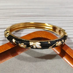 Elegant Enamel Cloisonne Peony Filigree Double Bangle Bracelet - 58 - 60mm (Black and white)