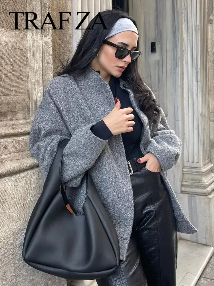 TRAFZA Women Elegant Solid Coat Button Long Sleeve Pocket Bomber Jacket Autumn Winter Female Casual Loose Streetwear Coats 6