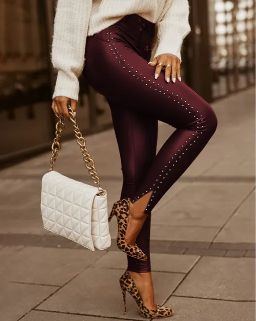 Pantaloni in PU Skinny allacciati a vita alta con Design a borchie Sexy da  donna|Pants \u0026 Capris| - AliExpress