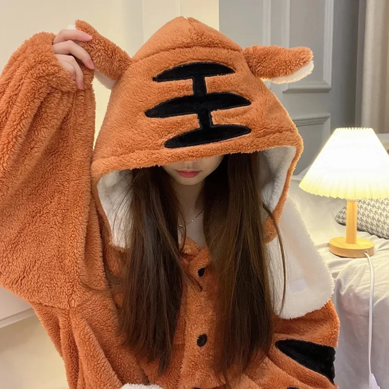 Women's Winter Thin Nightgown Length To The Shank Polyester Warm Comfortable Yellow Tiger Carton Leisure With A Domineering Hat