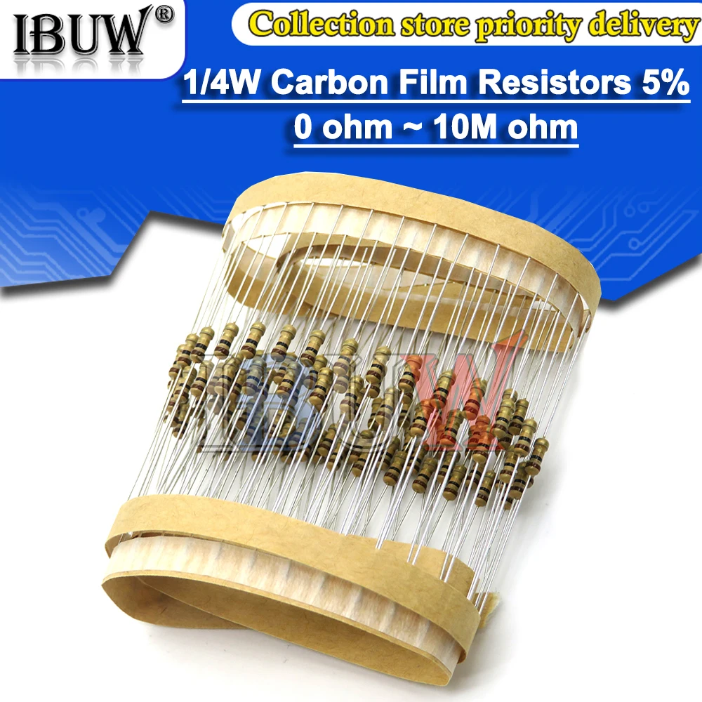 200 Pack  1M Ohm Carbon Film Resistors, 1/4W, ±5% Tolerance main image 1