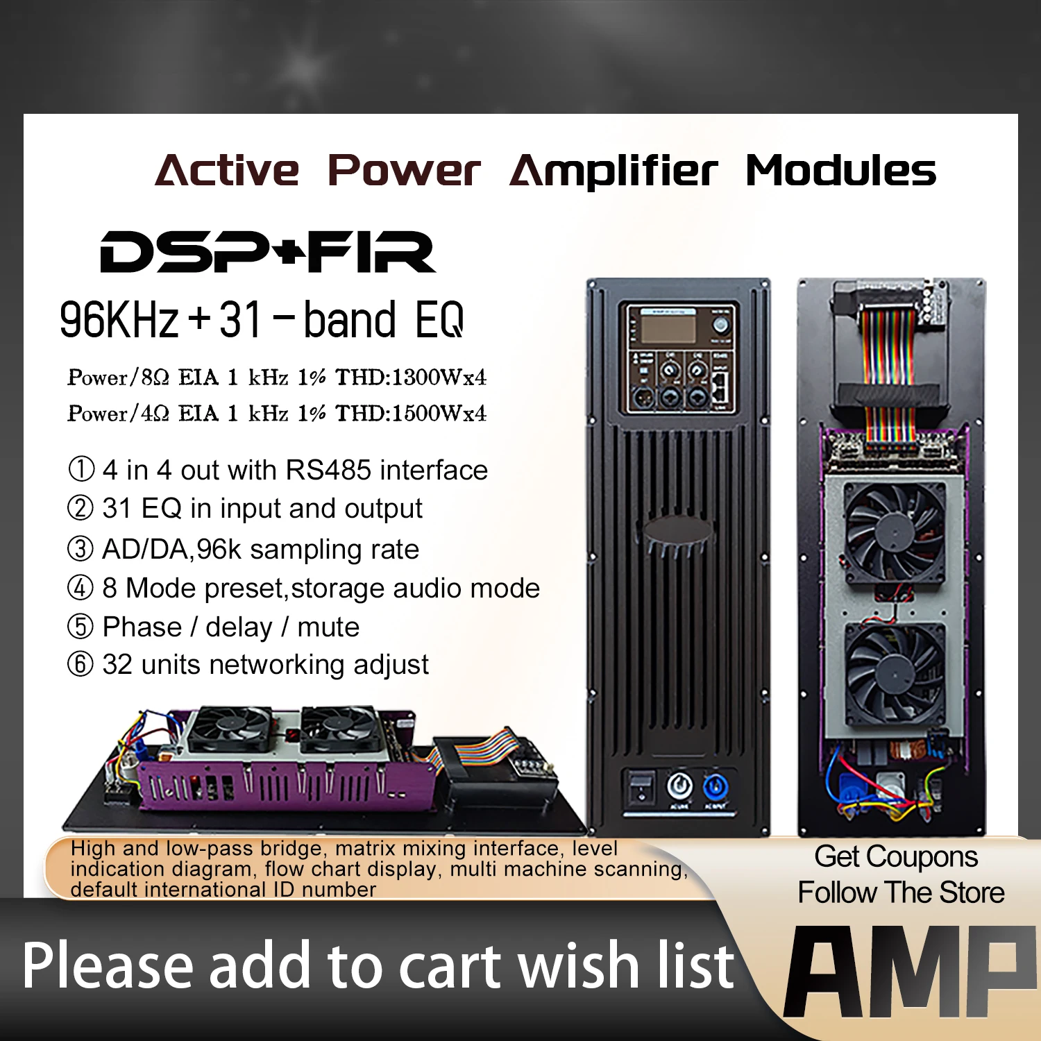ShennDare FPA8000+CQ380 Professional 4입력 4출력 DSP 액티브 스피커 앰프 모듈 4x1300W 8OHM 서브우퍼 오디오 앰프 보드 FIR 96kzh PC 소프트웨어 제어