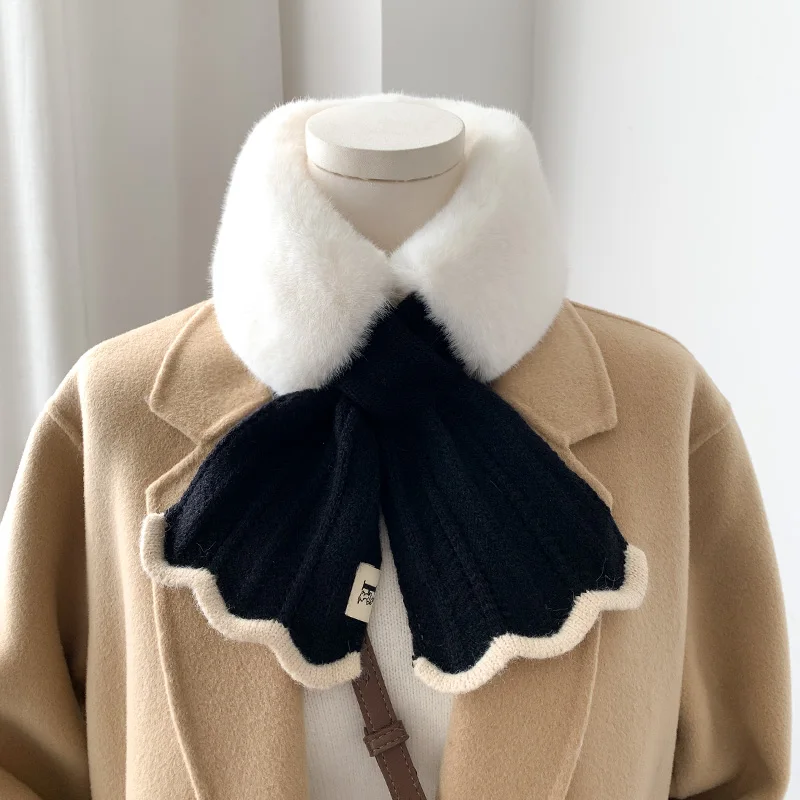 Korean Solid Color Faux Rabbit Fur Collar Cross Thicken Plush Scarf Female Winter Outdoor Wool Knit Neck Protect Warm Shawl T15