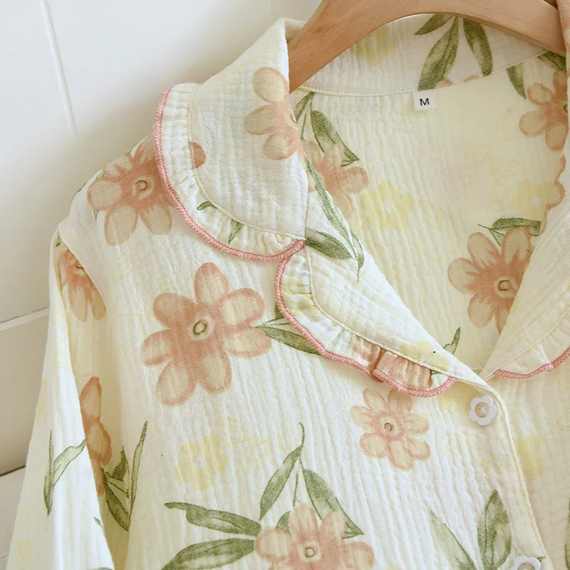 Spring and Autumn 2024 New Women's Pajama Set 100% Cotton Crepe Long Sleeve Pants Two Piece Cute Sweet Summer Thin Homewear