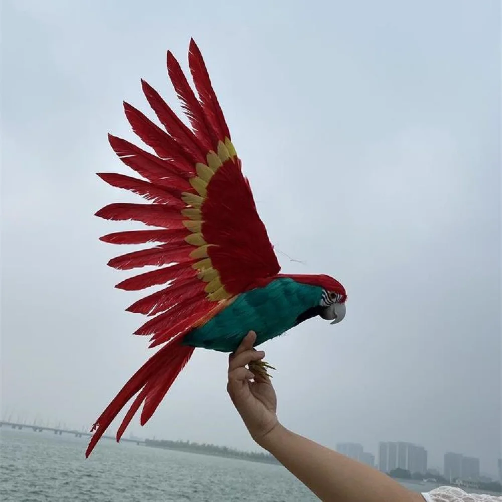 赤と緑のシミュレーションオウムモデル、フォームと羽の翼、かわいい手工芸品の装飾、手工芸品のためのギフト、45x60cm
