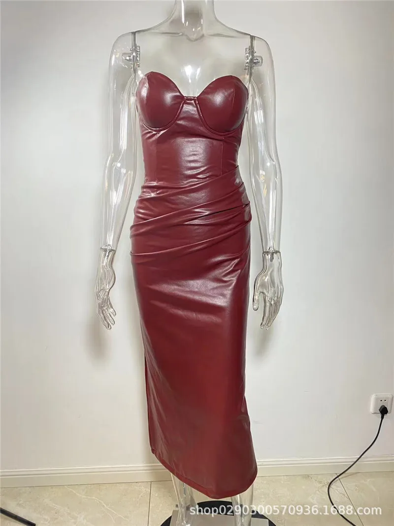 Wine Red Strapless Sexy PU Leather Maxi Dress Women Fashion Off-shoulder Backless Lace-up Bodycon Club Party Long Dress