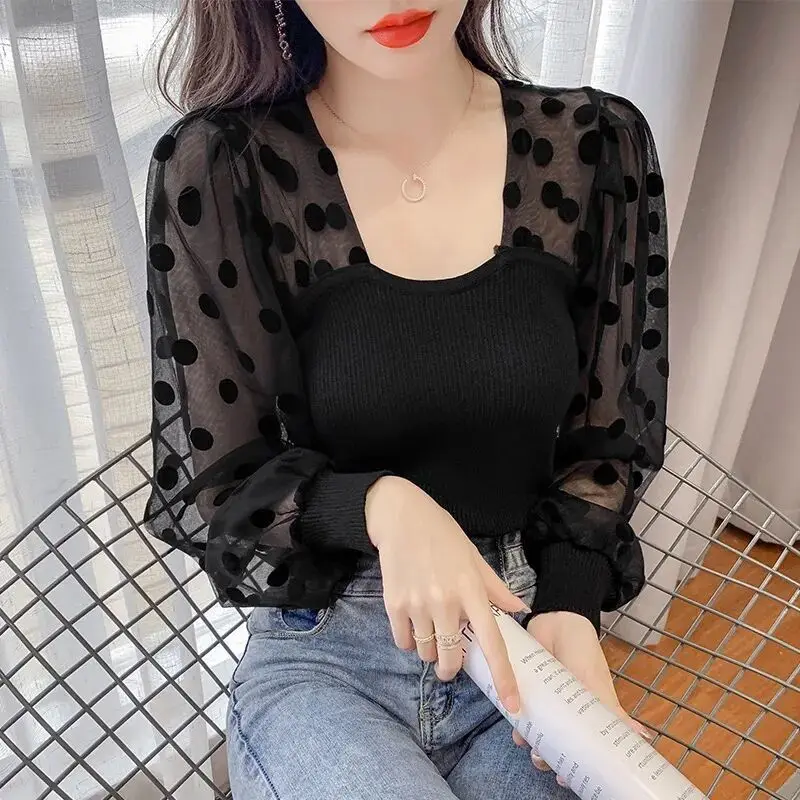 Fashion Printed Spliced Gauze Polka Dot Blouse Women's Clothing 2023 Spring Summer New Casual Pullovers Lantern Sleeve Shirt