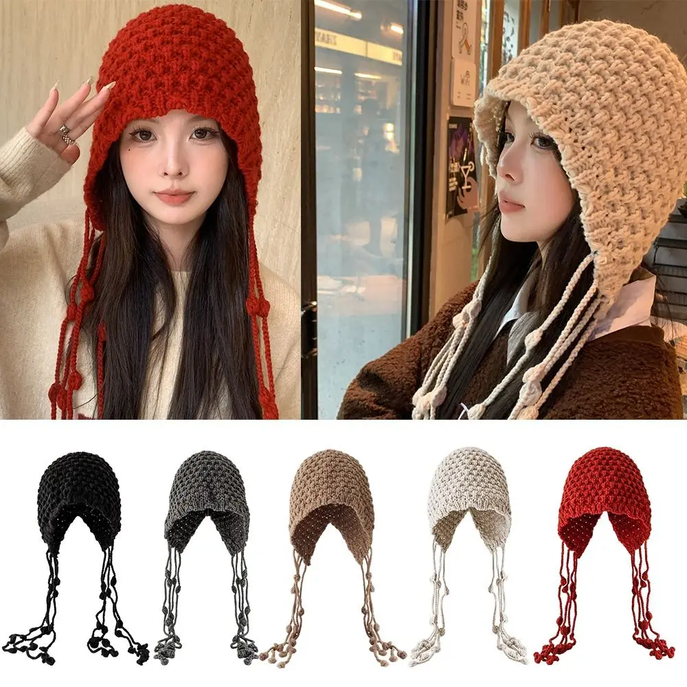 

Wool Knitted Hat Sweet Warm Tassel Pullover Hat Windproof Handmade Ear Protection Hat Women