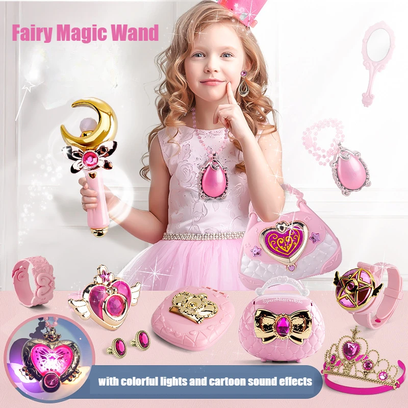 Pink Moon Fairy Magic Wand Colorful Glowing Musical Staff Playhouse Princess Toy Set with Bracelets Bags Earrings Girls Gifts