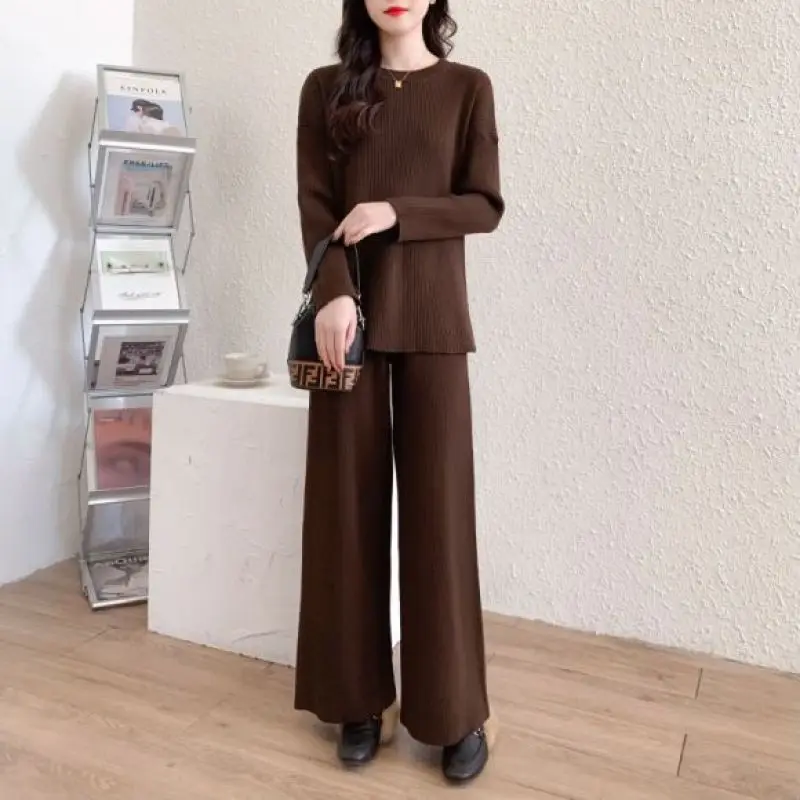 

Fashion Retro Suit Women's Autumn/Winter Elegant Solid Color Loose Long Sleeved Top High Waist Wide Leg Pants Two Piece Set