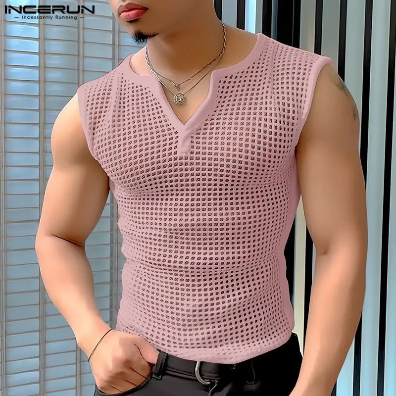 

INCERUN Men Tank Tops Mesh Hollow Out Solid V Neck Sleeveless Male Vests Summer Streetwear 2024 Transparent Fashion Men Clothing