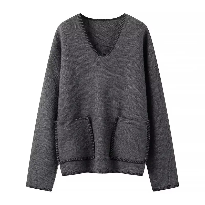 

Women New Fashion Loose Lazy Style Knitted Sweater Contrast Color Retro Long Sleeve All-match Casual Female Pullovers Chic Tops