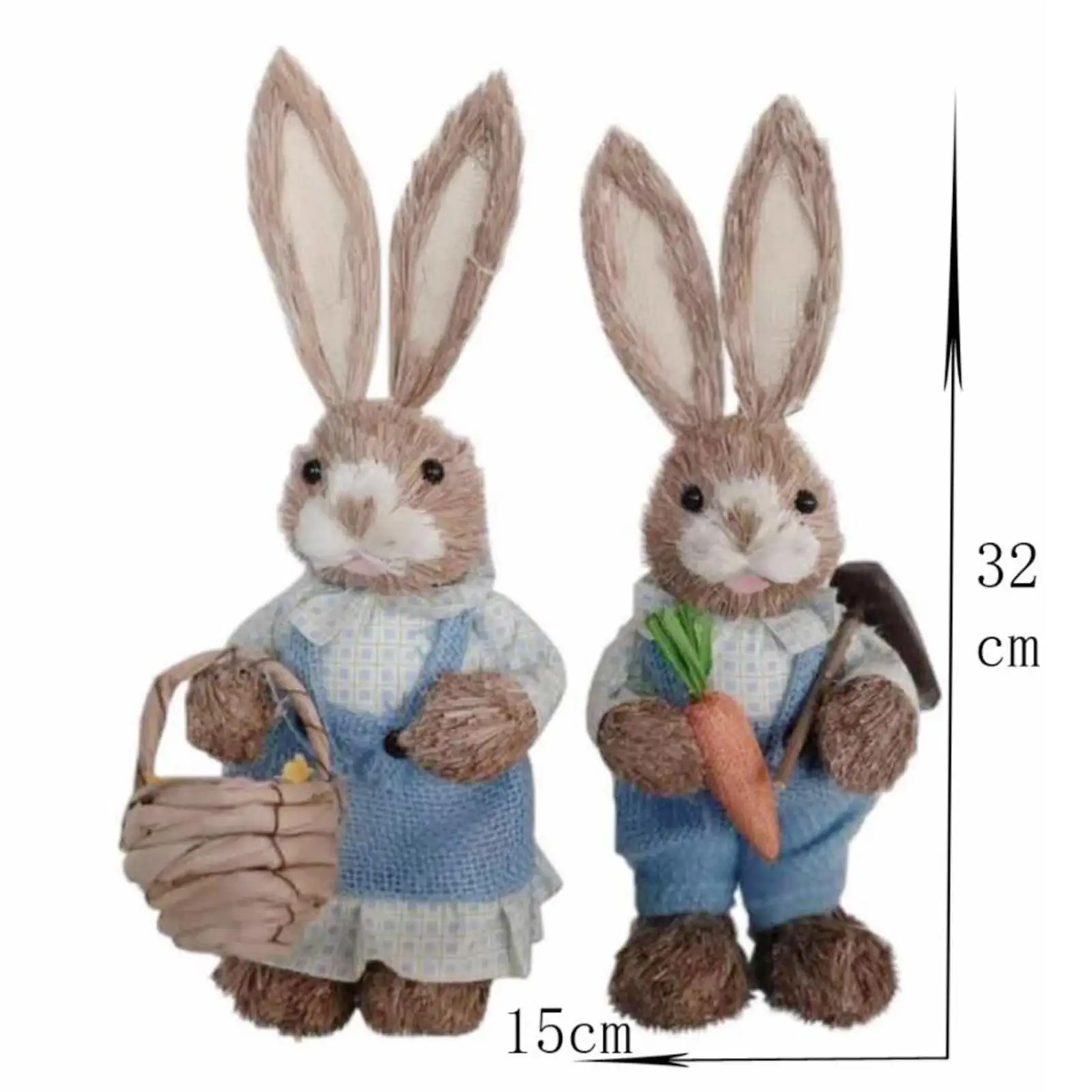 2Pcs Straw Easter Decorations Bunny Statues with Clothes Animal Standing for Floor home and indoor Party Wedding