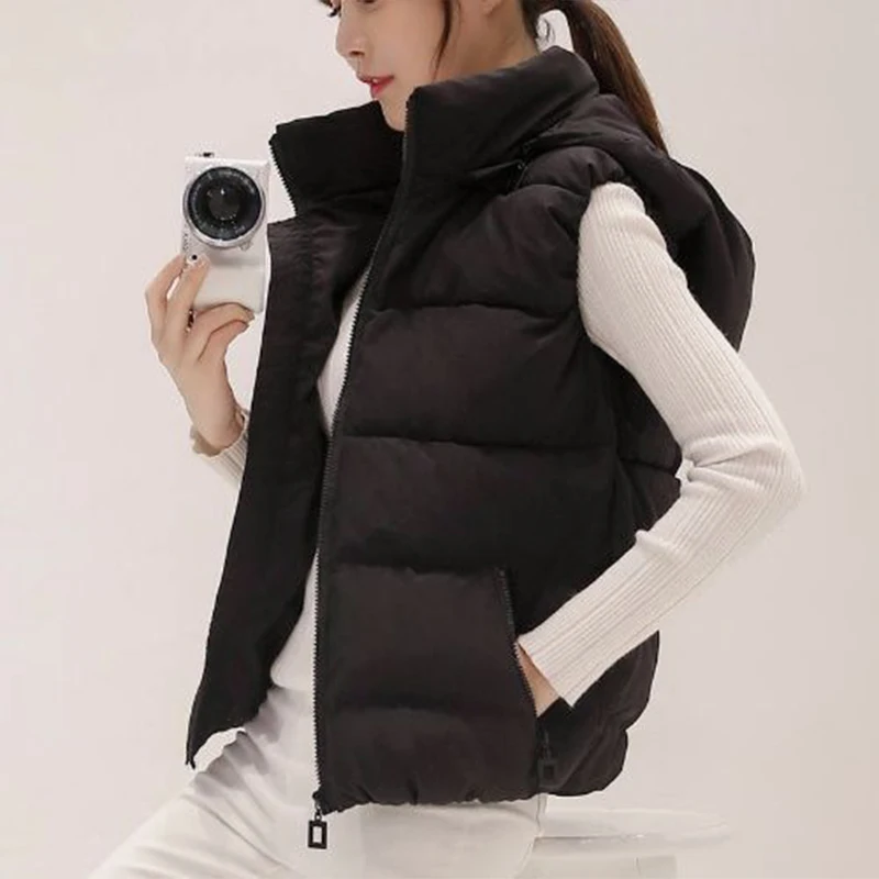 Autumn Casual Warm Thick Waistcoat 2024 Spring Hooded Women Cotton Vest Sleeveless Solid Removable Hat Vest Coats Female Jackets