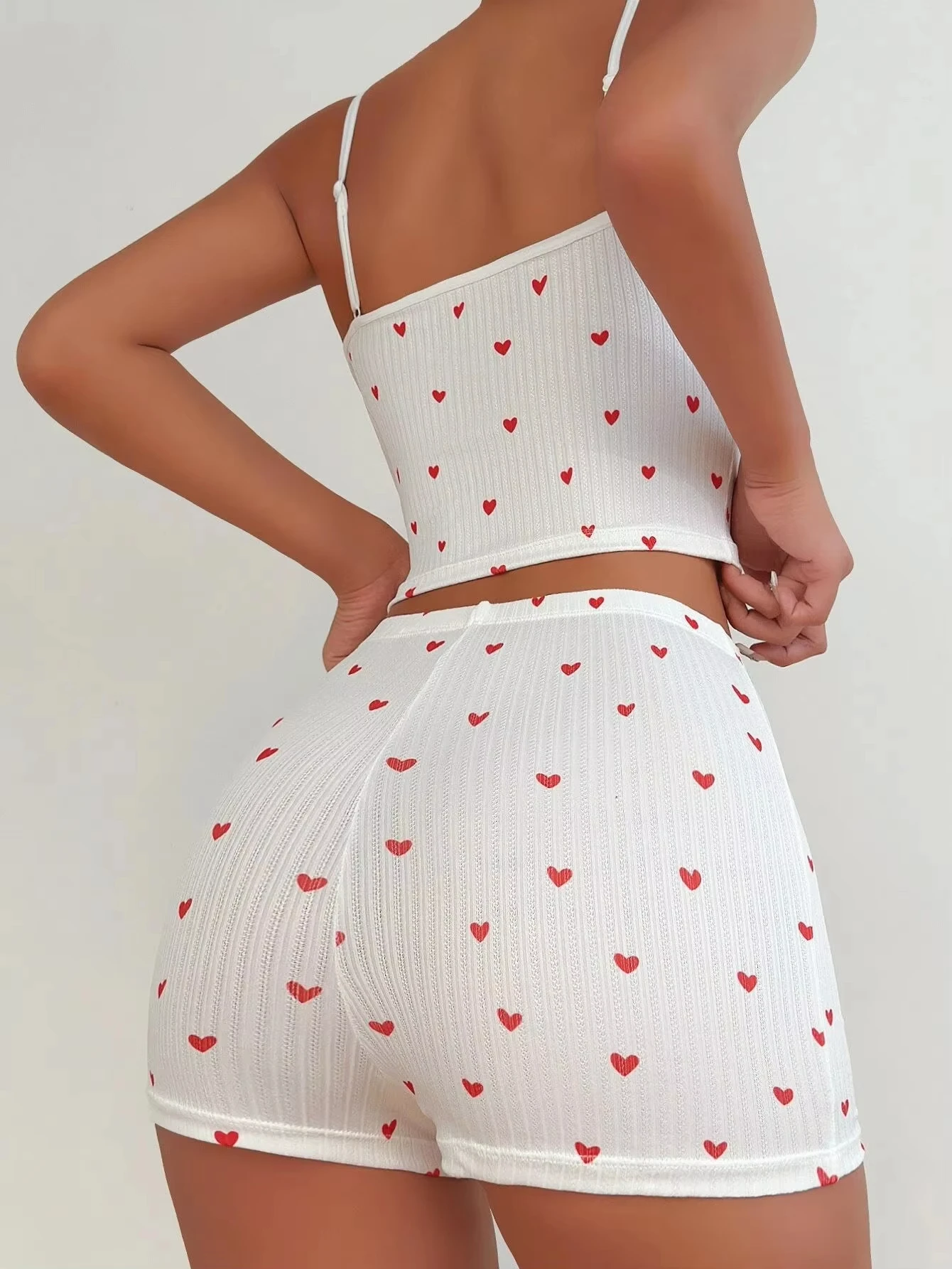 Spring Summer Sleepwear for Women Pajamas Heart Print Casual Backless Crop Cami Top & High Waist Skinny Shorts Set Loungewear
