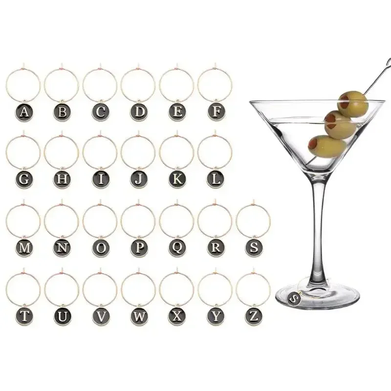 26pcs Wine Charms Drink Alphabet Marker Stem Glasses Cup Tags with Hanging Rings Letter Markers for DIY Decorations Party Favors