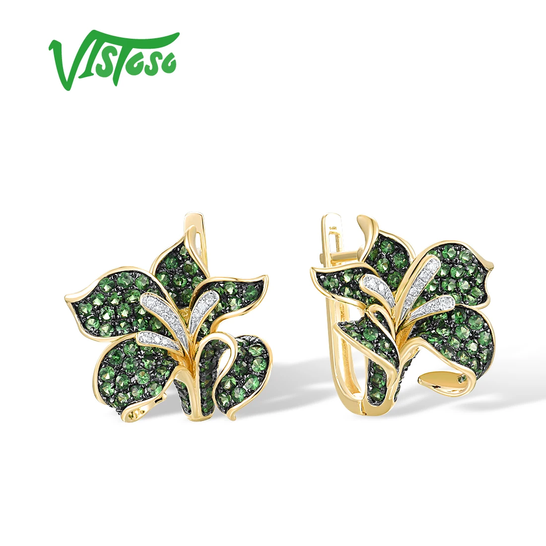 

VISTOSO Genuine 14K 585 Yellow Gold Earrings For Women Sparkling Green Garnet Diamond Lily Flower Earrings Delicate Fine Jewelry