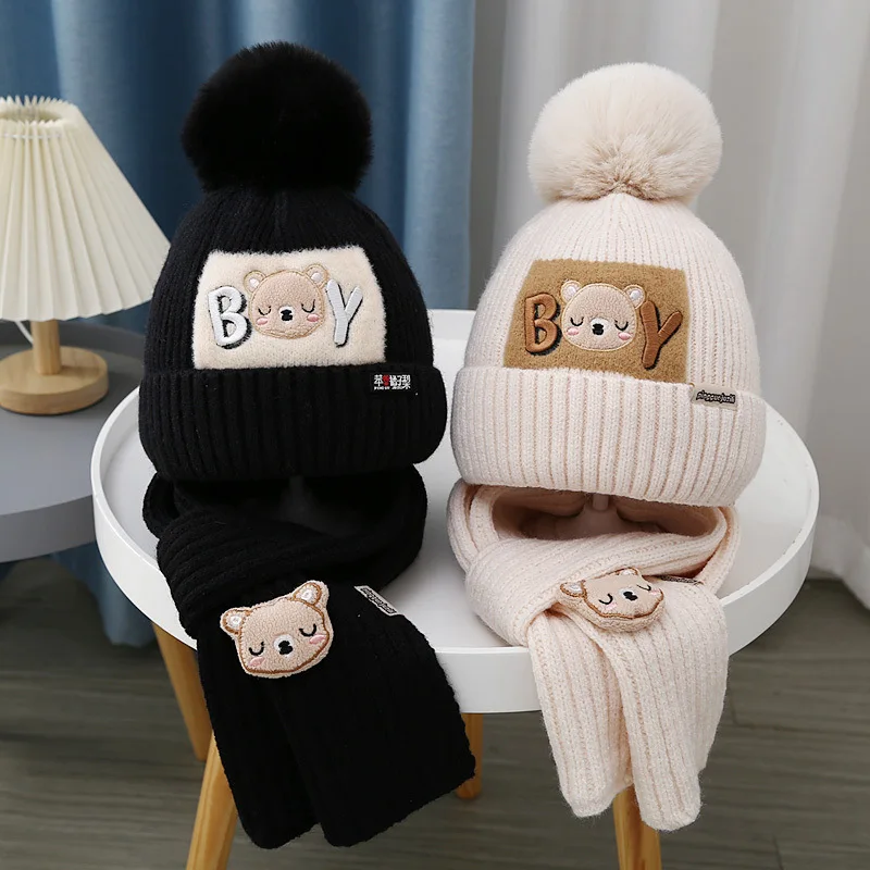 Baby Hat Scarf 2Pcs/Set Cute Pompom Winter Warm Beanie Kids Boys Girls Cartoon Bear Crochet Cap Scarves Outdoor Neck Covers