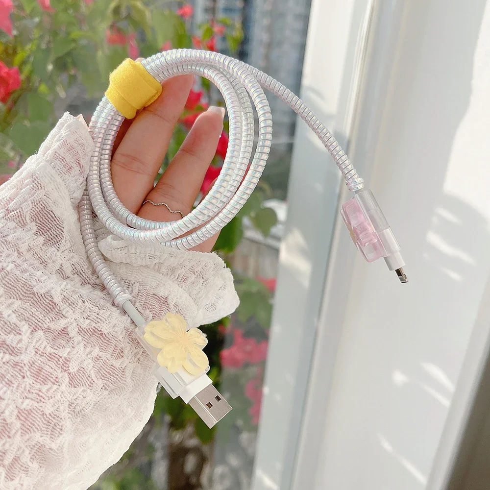 Cherry Blossom Cable Protector Kawaii Soft TPU Cover USB Charger Data Line Cord Case for iPhone Android Office Desktop Organizer