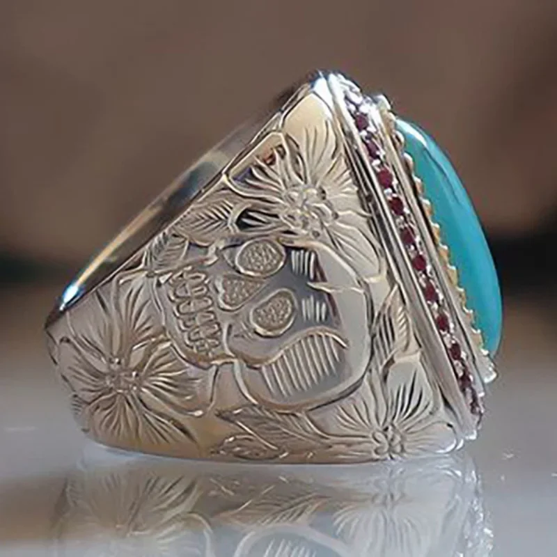 New Style Retro Egg-shaped Aquamarine Ring for Men and Women Couples Fashion Simple Carved Pattern Ring Accessories