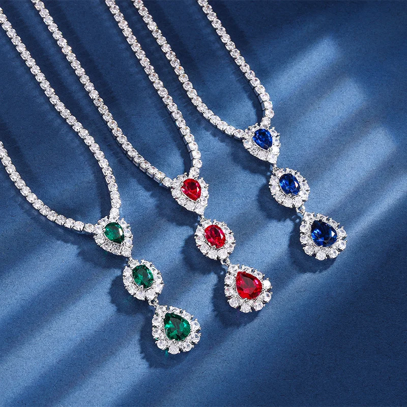 

EYIKA Luxury Square Created Emerald Sapphire Ruby Water Drop Long Pendant Zircon Tennis Necklace For Women Wedding Party Jewelry
