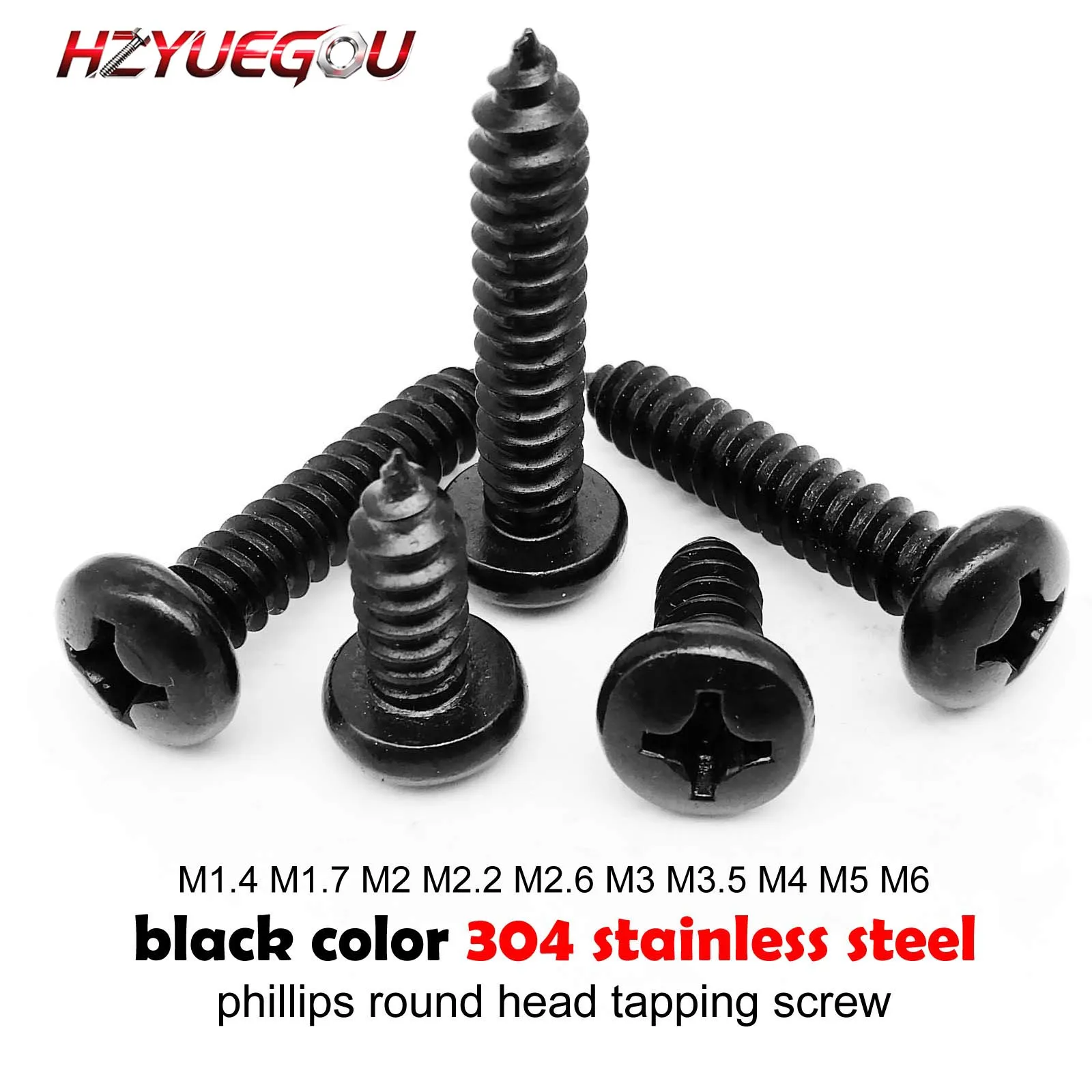 HZYUEGOU M1.4 M1.7 M2 M2.6 M3 M3.5 M4 M5 M6 Schwarze 304 Edelstahl Kreuzschlitz-Phillips-Flachkopf-Selbstschneidende Holzschraube