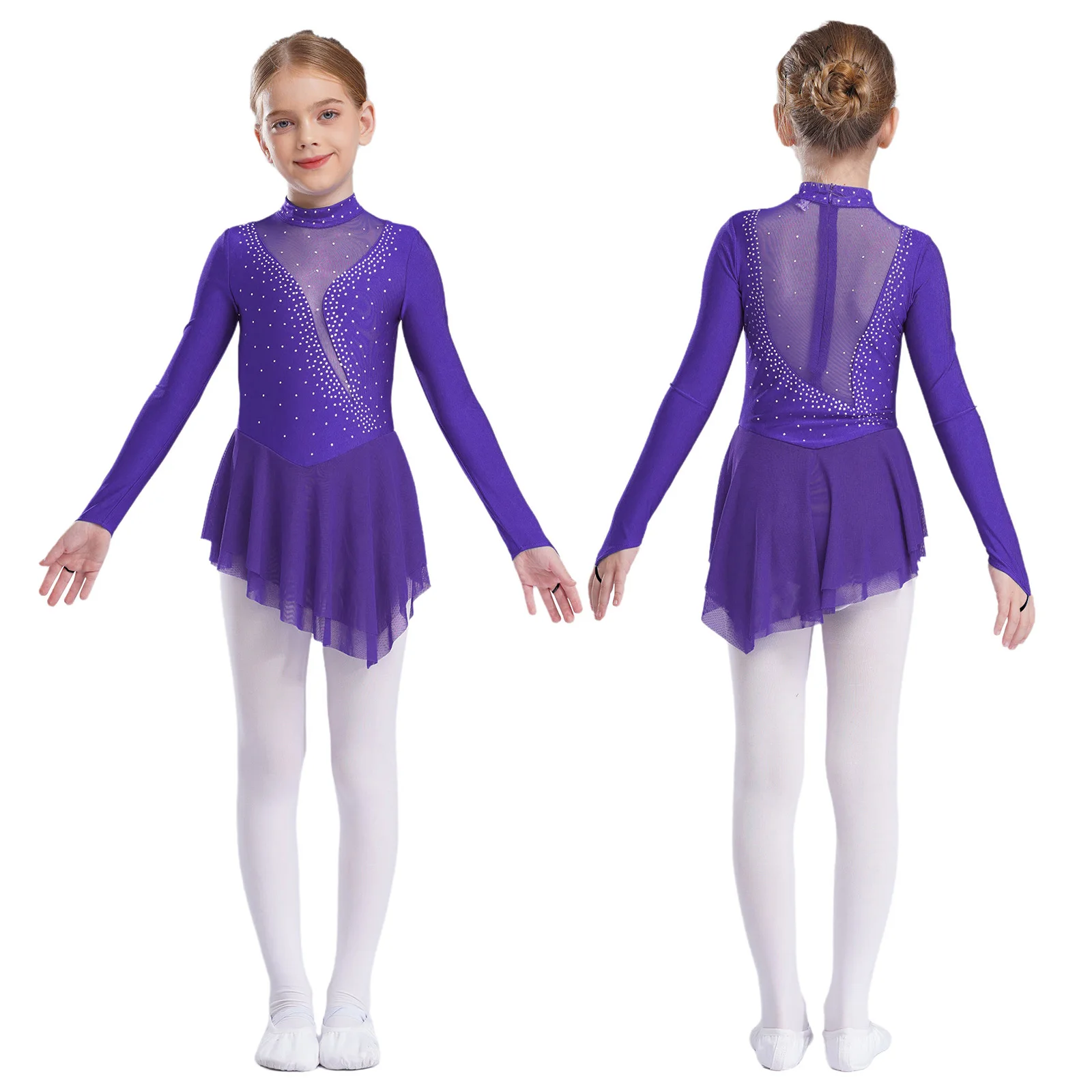 thumbnail image 1 of Vestido de tutú de Ballet para niñas, gimnasia, patinaje artístico, Ballet, danza lírica, disfraz de malla transparente brillante con diamantes de imitación, 1 of 5