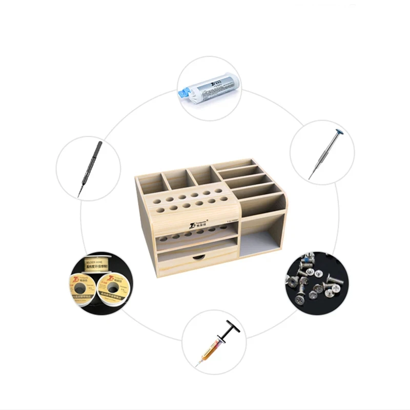 Toolguide Scatola di immagazzinaggio in legno Cacciavite Pinzette Supporto Riparazione del telefono cellulare Reception desktop Strumenti elettronici Scatola di parti di utensili - immagine 4