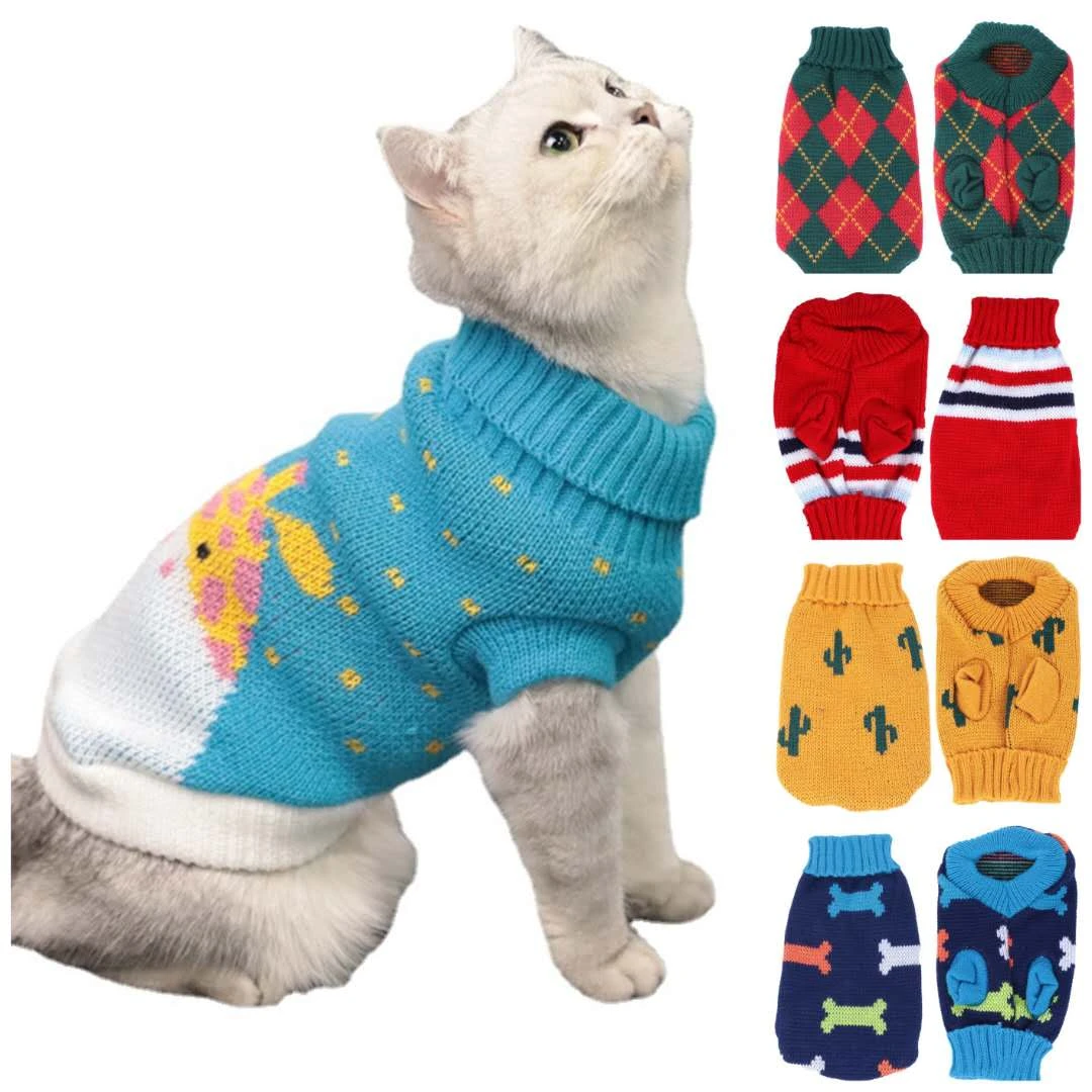 Pet clothes multi color knitted cat sweater Lapel two feet casual cat