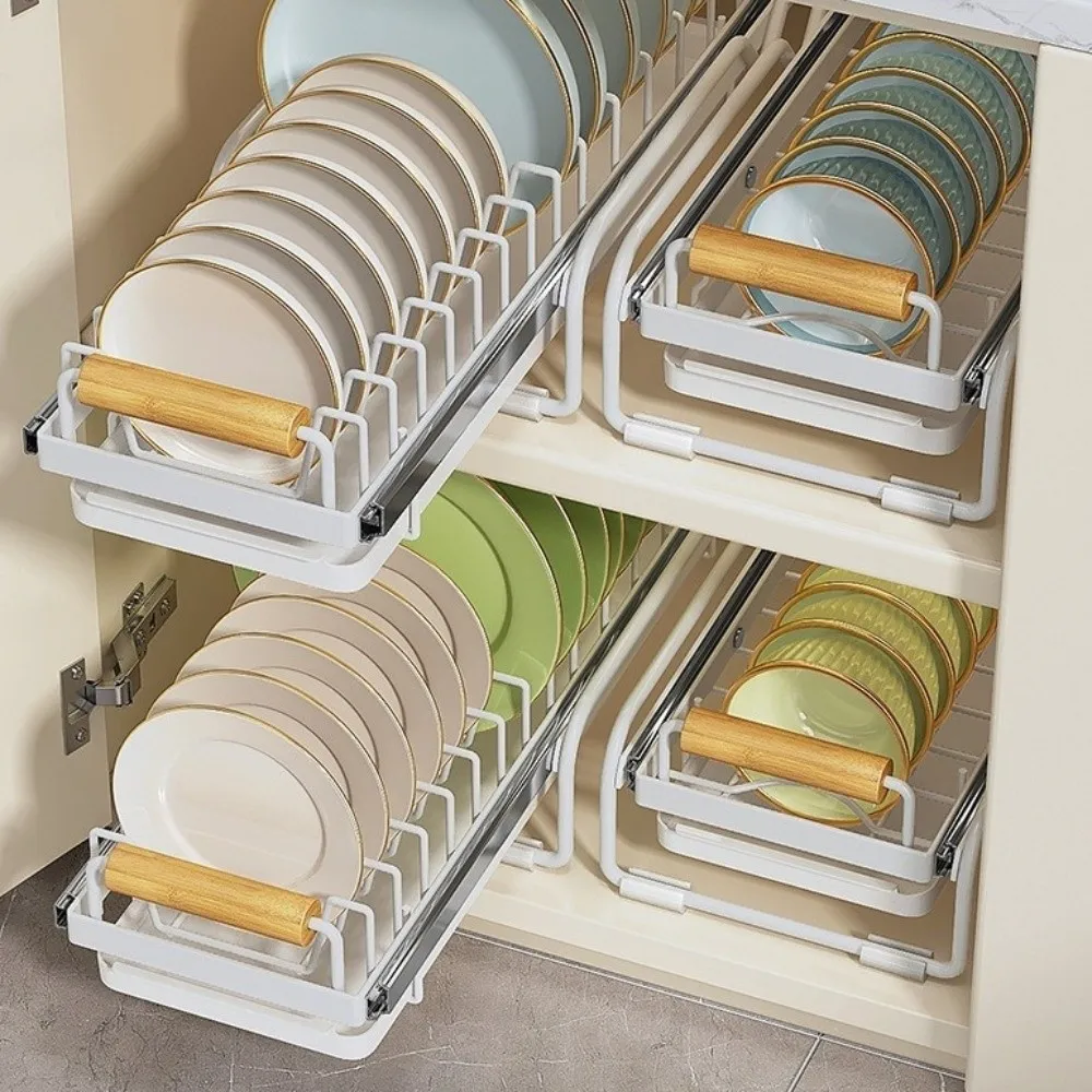 Single Tier Dish Drying Rack Metal Anti-Slip Pull-Out Dish Rack Multifunctional No-Drill Installation Under Sink Rack Under Sink
