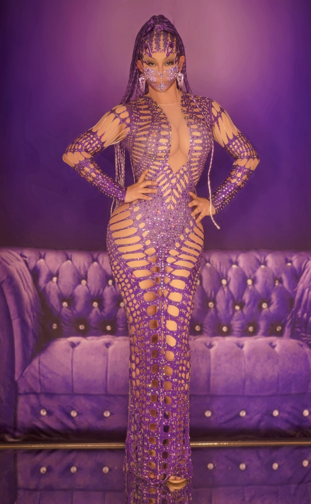 

Sexy Hollow Long Dress Sparkly Purple Rhinestones Birthday Party Dress Stage Wear Nightclub Outfit Show Performance Dress