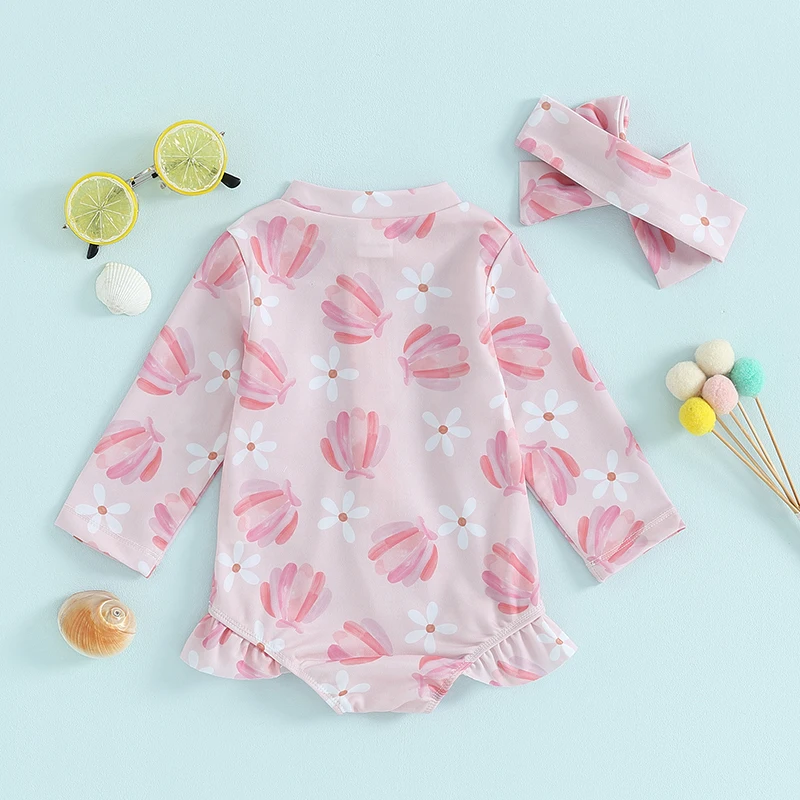 Infant Baby Girls Beach Swimwear Lovely Floral/Ice Cream Print Long Sleeve O-Neck Zip Up Ruffled Bathing Suit Toddlers Bikini