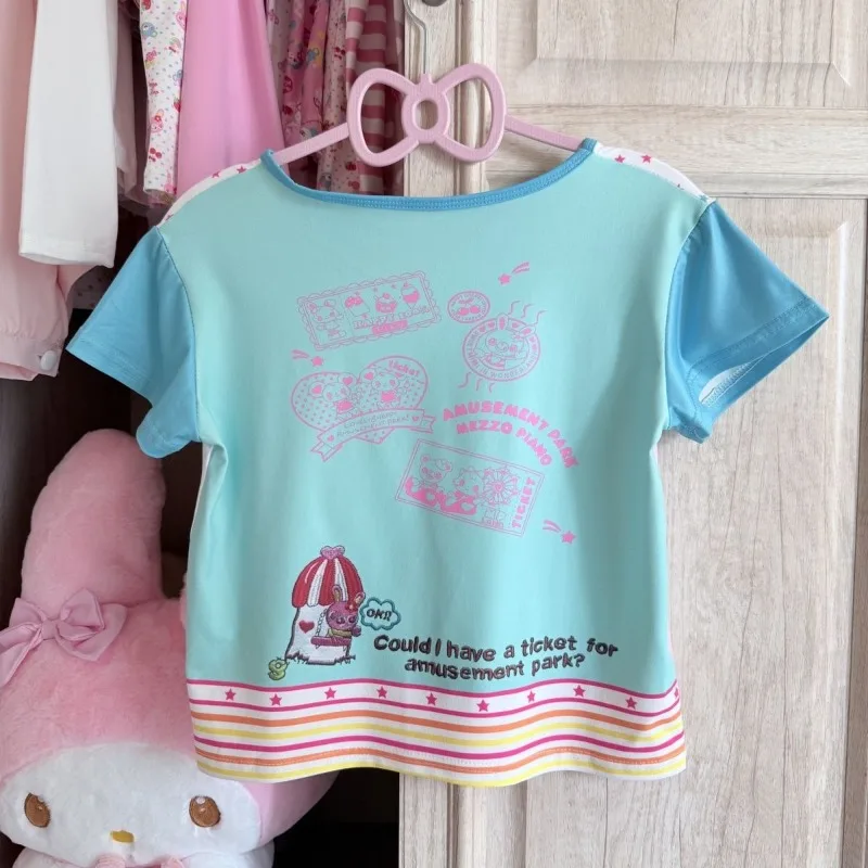 HOUZHOU Blue Kawaii Juminocore T-Shirts Women Y2k Cutecore Striped Short Sleeve Japanese Style Tees Sweet Slim Cropped Tops 2