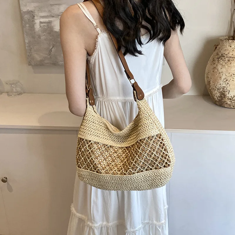 Summer Straw Weaving Shoulder Bag Large Capacity Crochet Beach Handbag Women Handmade Woven Hollow Out Underarm Knitting Bag