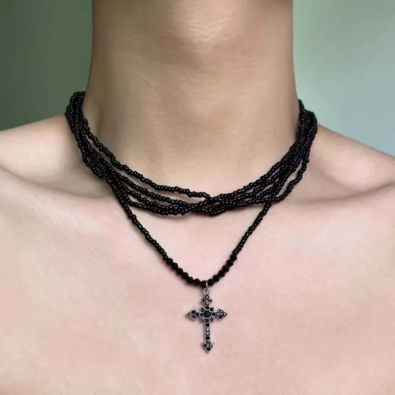 Gothic Multilayer Black Crystal Cross Pendant Choker Necklace for