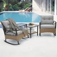 Outdoor Rocking Chairs Set - 3 Pieces Grey Patio Bistro Set Outside Furniture 2 Wicker Rocker Chairs with Grey Cushions and Tabl 1